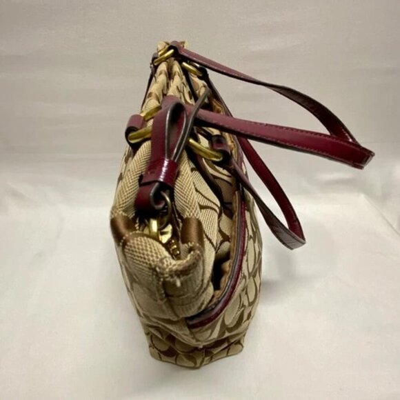 Coach Signature Stripe Shoulder Bag F28504 Patent Leather Trim Tan Raspberry GUC - Picture 4 of 16